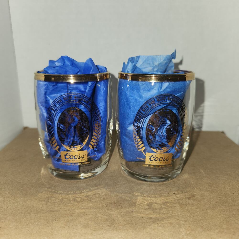 Pair Vintage 1970s Coors Beer Tasting Glasses Waterfall Gold Rim Tumblers Set